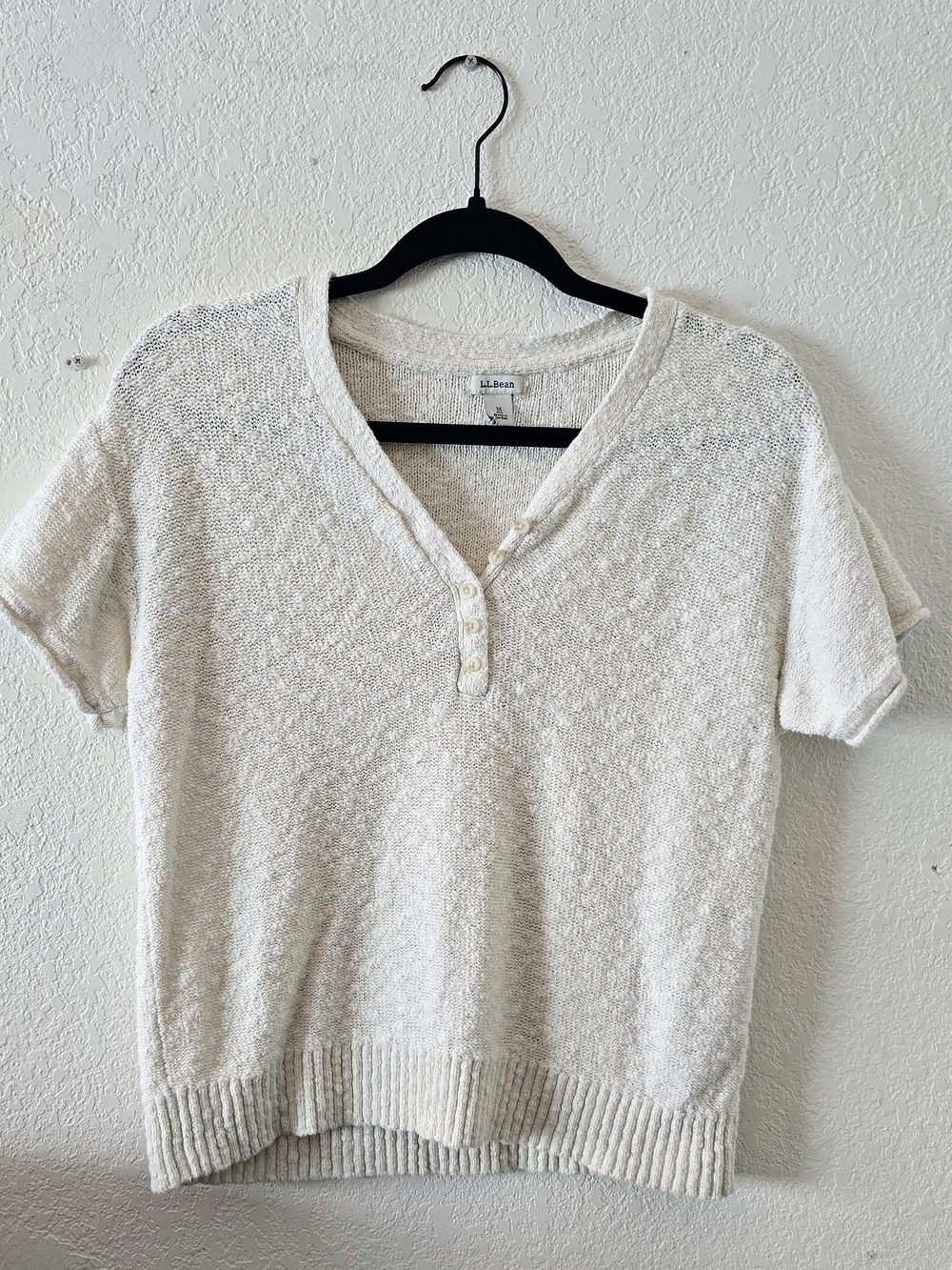 L.L. Bean Cream Short-Sleeve Henley Knit Top